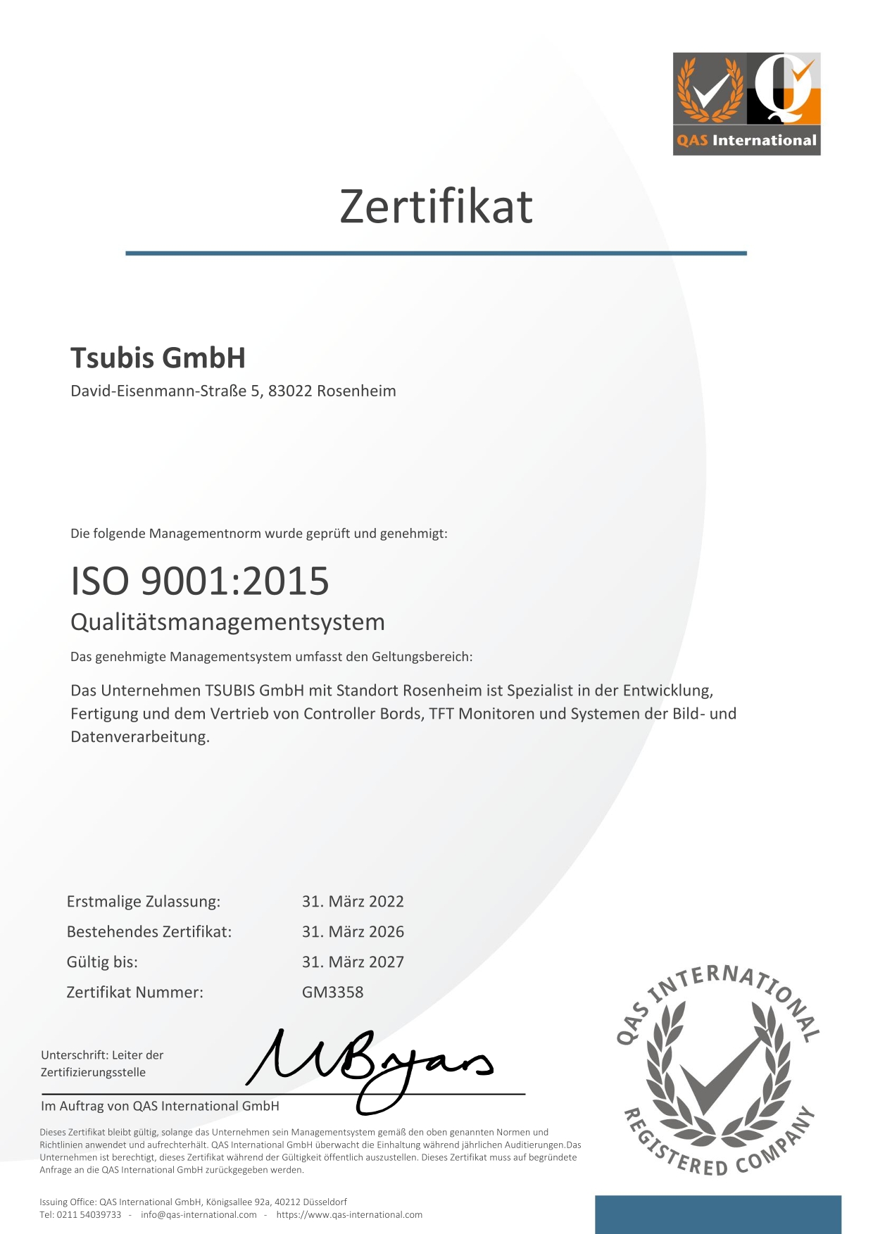 ISO 9001 Zertifikat ISO 9001 Zertifikat der Frima Tsubis